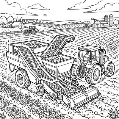 Bring the excitement of the harvest season to life with this intricate coloring page featuring a powerful potato harvester. Discover the inner workings of farm machinery and the abundance of the land.