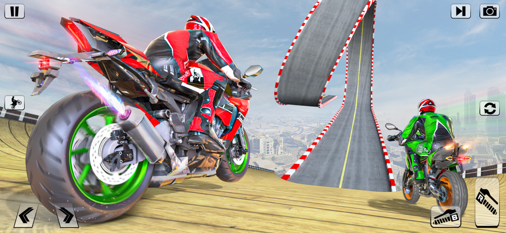 Bike 360 Flip Stunt game 3d - Two motorcyclists racing on a giant vertical mega ramp in a 3D city environment