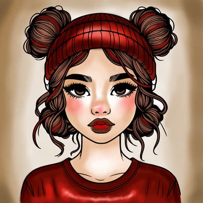 realistic girl with buns in her hair with a beanie on