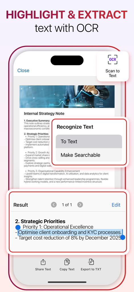 Tela do aplicativo MobiPDF mostrando como destacar e extrair texto de um documento usando OCR.