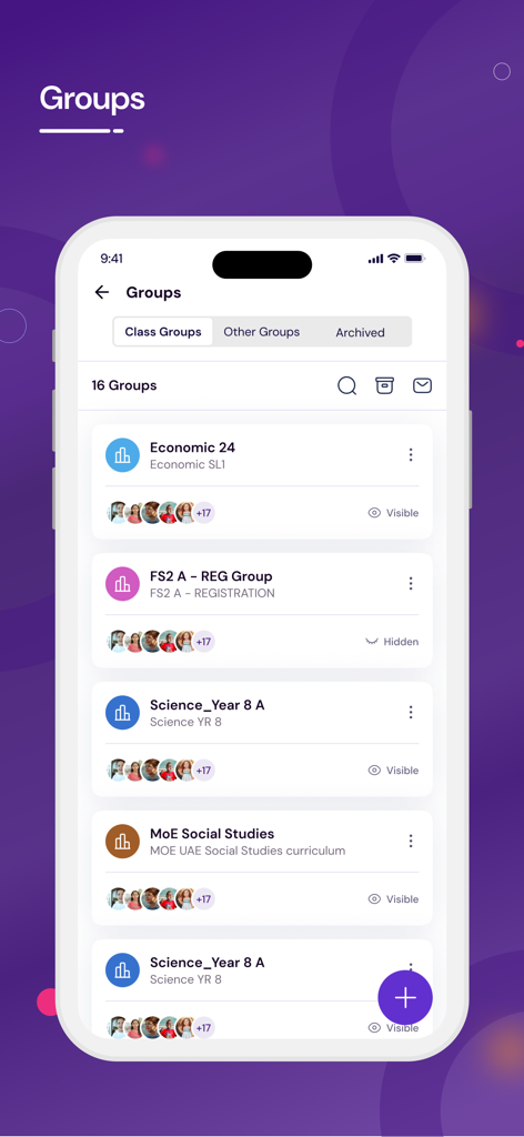 Phoenix Classroom - Phoenix Classroom app interface showing a list of academic class groups