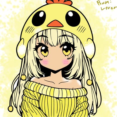 anime girl with chick shaped hat with sweater with bare shoulders with bangs covering them one eye with low tail