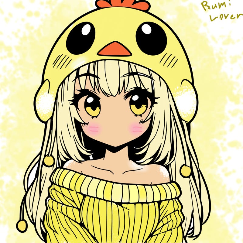 anime girl with chick shaped hat with sweater with bare shoulders with bangs covering them one eye with low tail