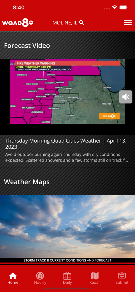 WQAD Storm Track 8 app interface displaying a local weather forecast video and fire weather warning map for Moline Illinois