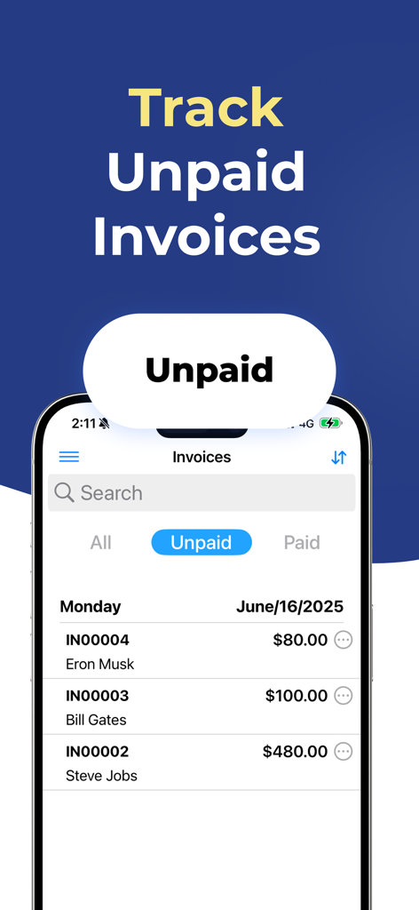Invoice Maker Flex app screen for tracking unpaid invoices
