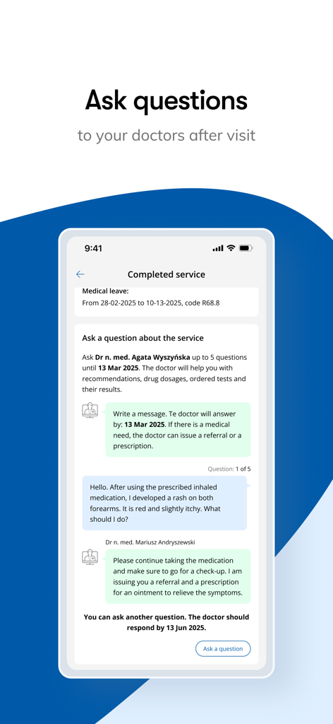 Screenshot of the LUX MED app showing a doctor patient chat for post visit questions
