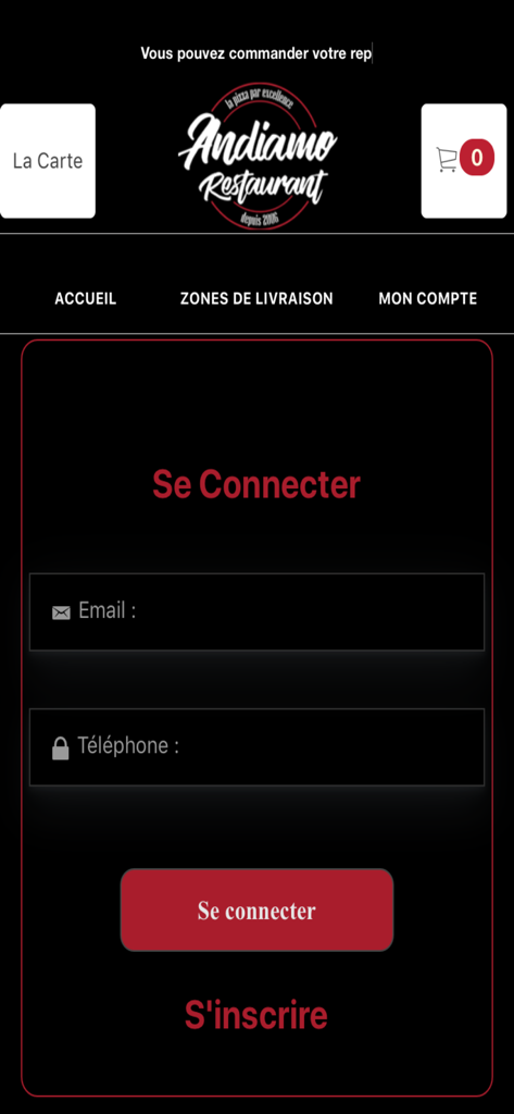 Écran de connexion de l'application mobile Andiamo Restaurant avec les champs d'e-mail et de téléphone