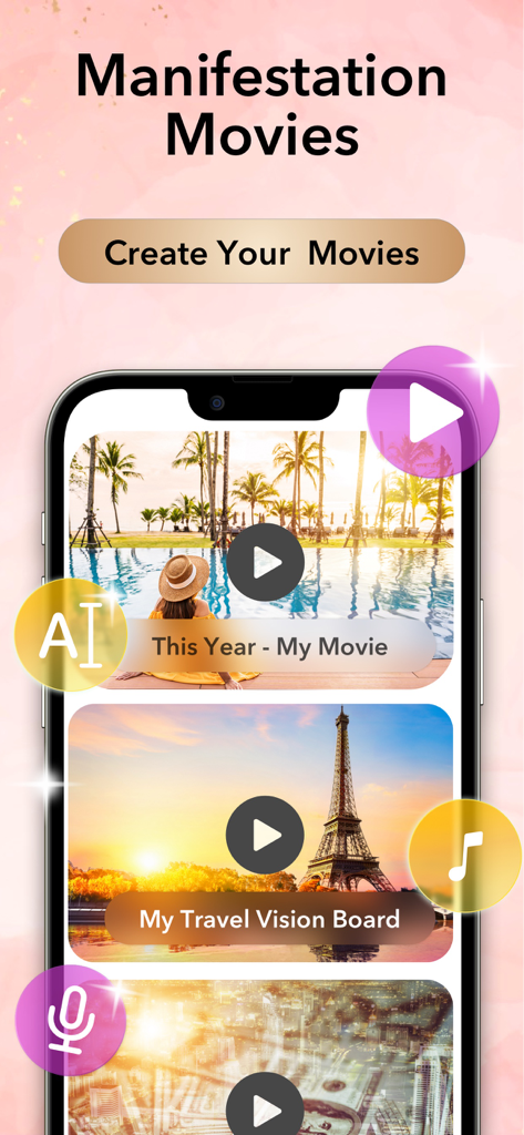 App interface showing the manifestation movies feature with personalized video vision boards for travel and lifestyle goals