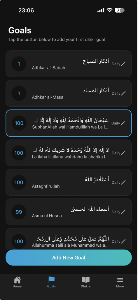 Dhikr - Tasbeeh & Adhkar - Interfaz de seguimiento de objetivos de oración digital en la aplicación Dhikr que muestra una lista de objetivos de recuerdo diarios