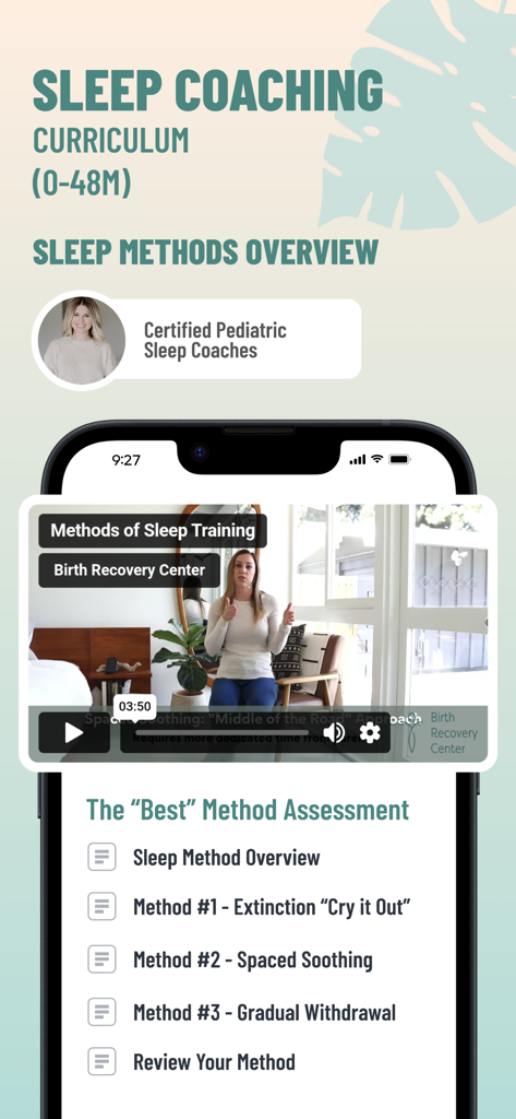 Birth Recovery Center - Birth Recovery Center app screen showing sleep coaching curriculum and video for pediatric sleep methods