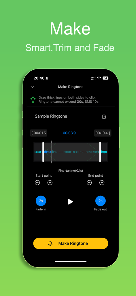 Any Ringtone Maker & Saver - Interface showing audio trimming and fading features in the Any Ringtone Maker app