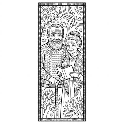 Immerse yourself in the heartwarming scene of an elderly couple, beautifully designed for a printable bookmark. This intricate coloring page celebrates wisdom, experience, and enduring love.