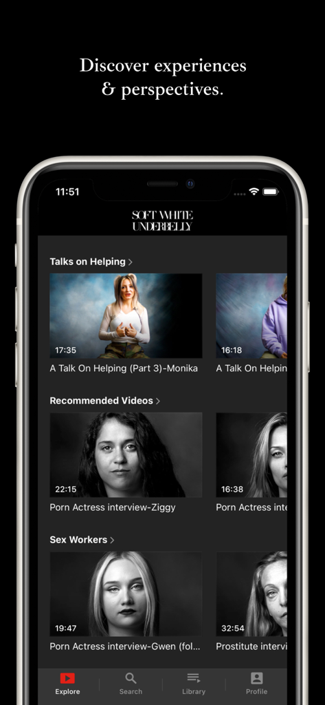 Soft White Underbelly - Mobile interface of the Soft White Underbelly app featuring rows of documentary interview videos on a dark theme