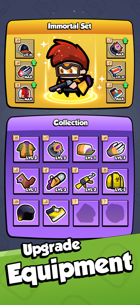 Popcorn Legend - Popcorn Legend mobile game equipment upgrade menu showing hero gear and item collection