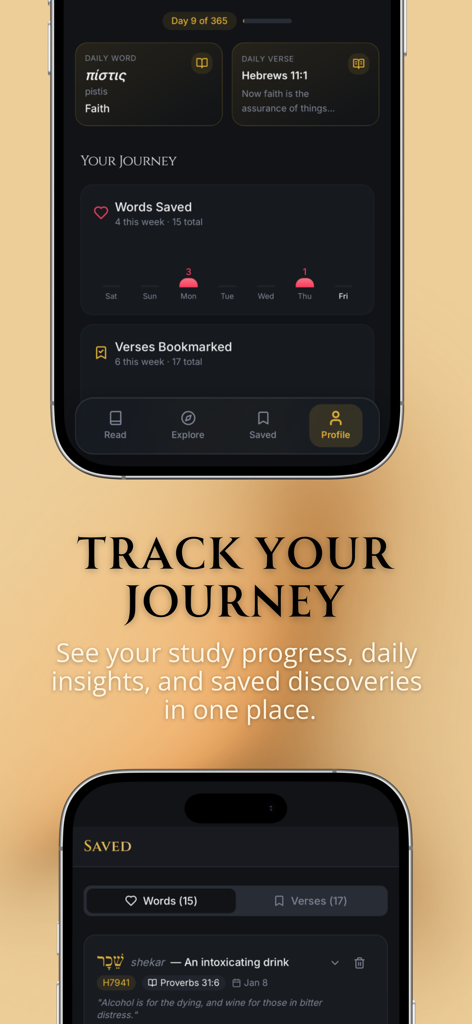 His Word: Bible Study - Interfaz de la aplicación His Word que muestra un panel de perfil con el progreso del estudio y descubrimientos de palabras bíblicas guardados.