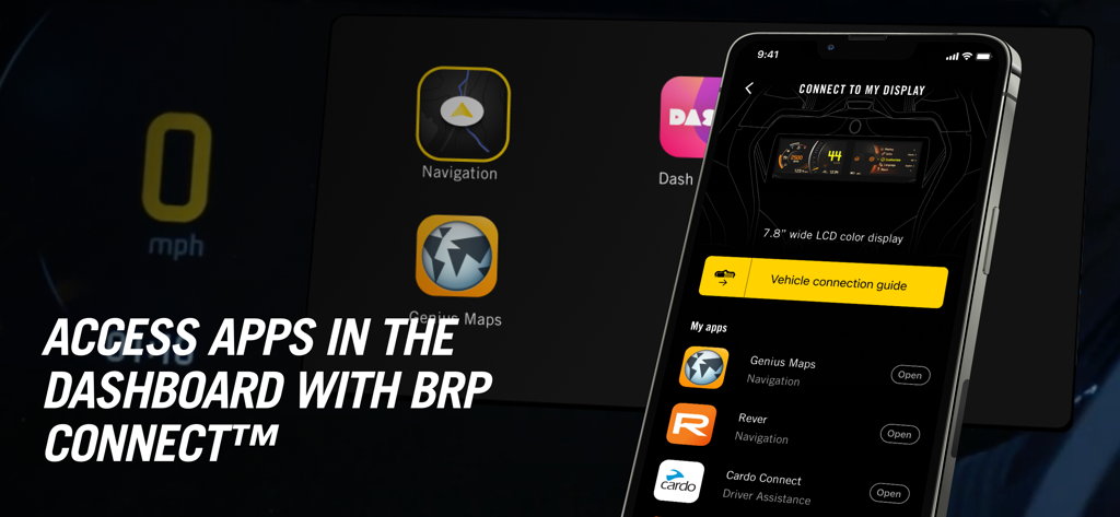 BRP GO!: Maps & Navigation - BRP GO app showing vehicle dashboard integration with BRP Connect and various navigation apps