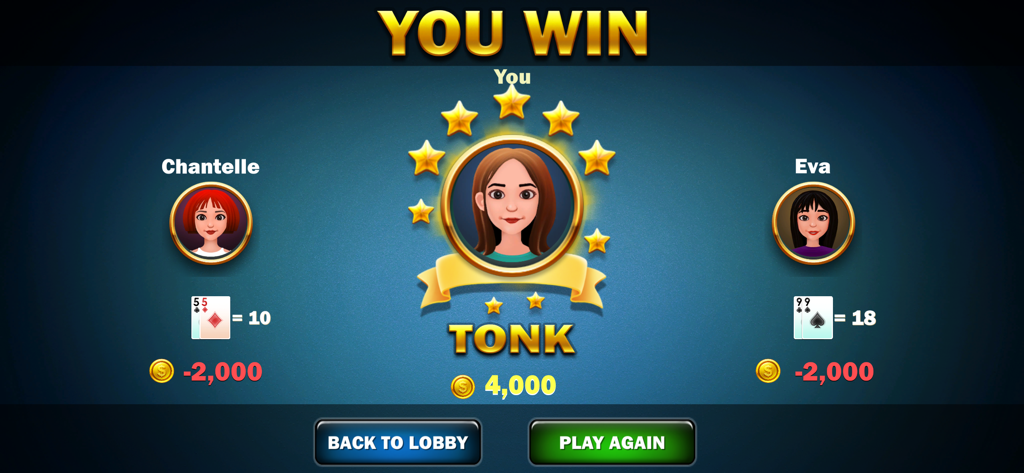 Tonk classic Tunk card game - Un écran de victoire dans le jeu de cartes Tonk Classic Tunk montrant la victoire du joueur avec des récompenses en pièces et les scores des adversaires.