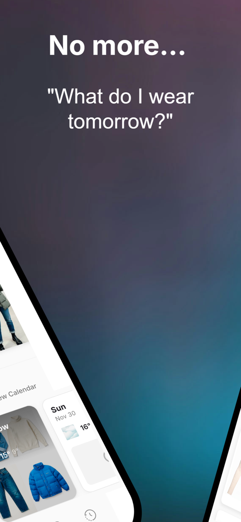 Tela do aplicativo DresMate mostrando um planejador de looks diários automatizado e um calendário de guarda-roupa digital