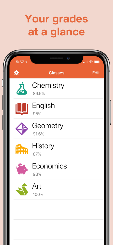 Mobile app interface showing a list of school subjects with current percentage grades.