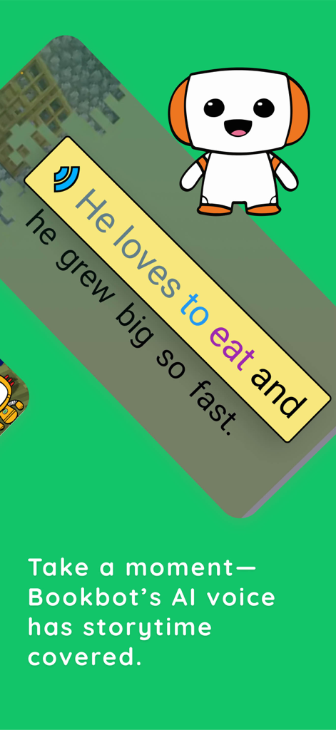 Bookbot app screen showing the AI storytime feature with a robot mascot and reading passage
