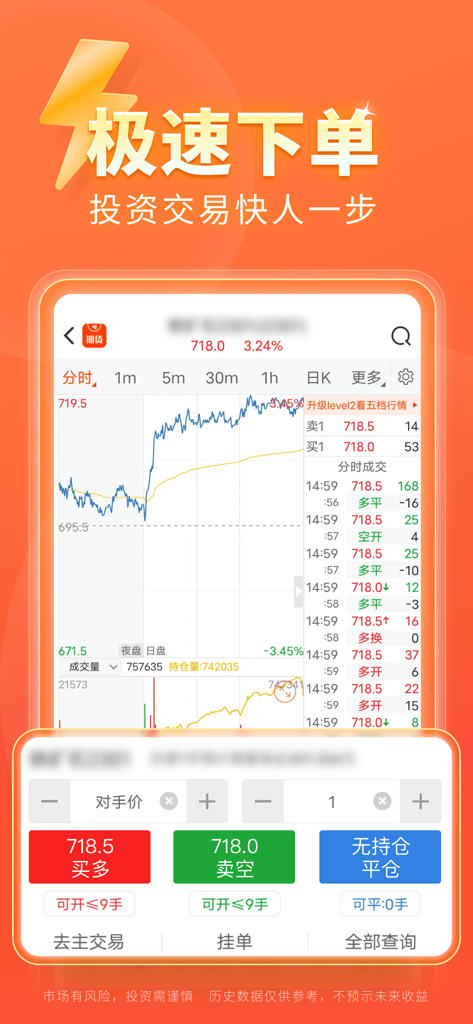 Interfaccia dell'app mobile East Money Futures che mostra grafici dei prezzi in tempo reale e pulsanti di trading ad esecuzione rapida.