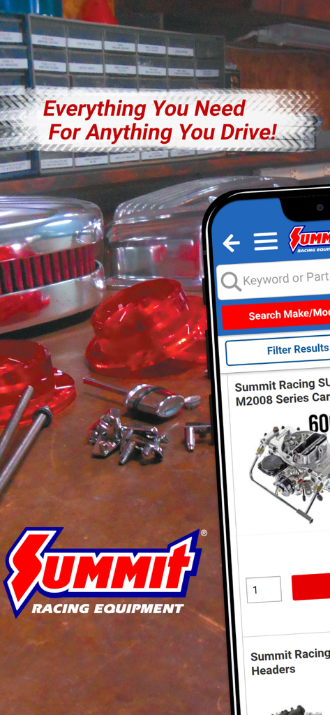 Summit Racing - Summit Racing mobile app showing performance car parts on a smartphone in a garage workshop