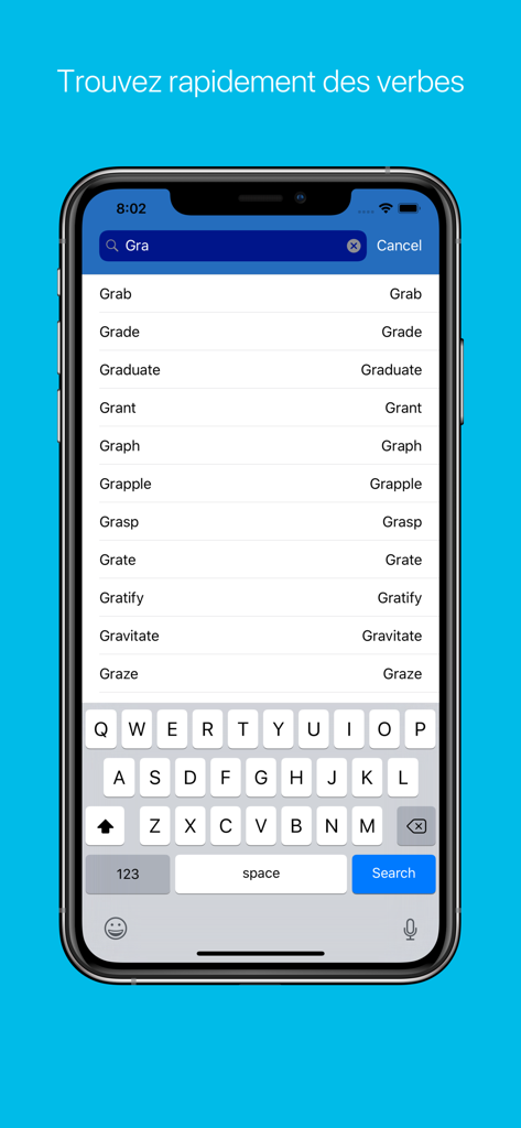 Search interface of the French Verb Conjugator mobile app with verb results list
