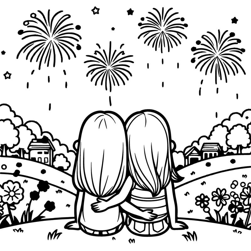 two girls sitting with each other facing away watching fireworks on a hill summer scene