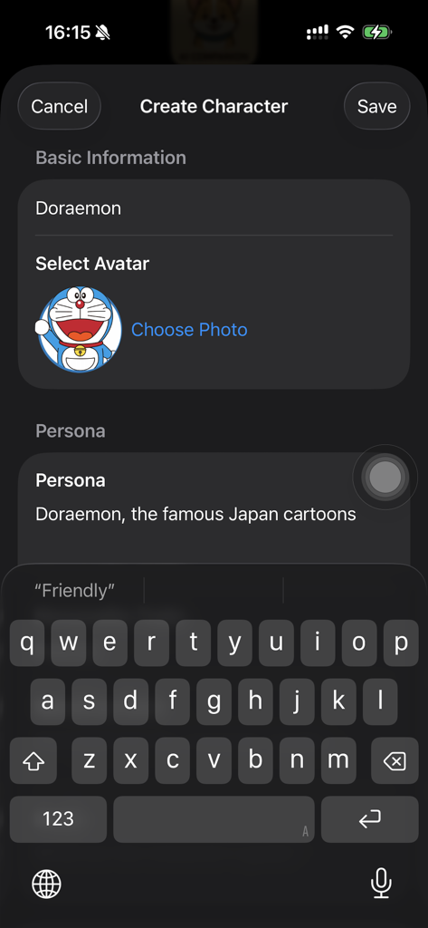 The character creation screen in the Fully Private AI Companion app showing a user setting up a Doraemon persona with an avatar and description.