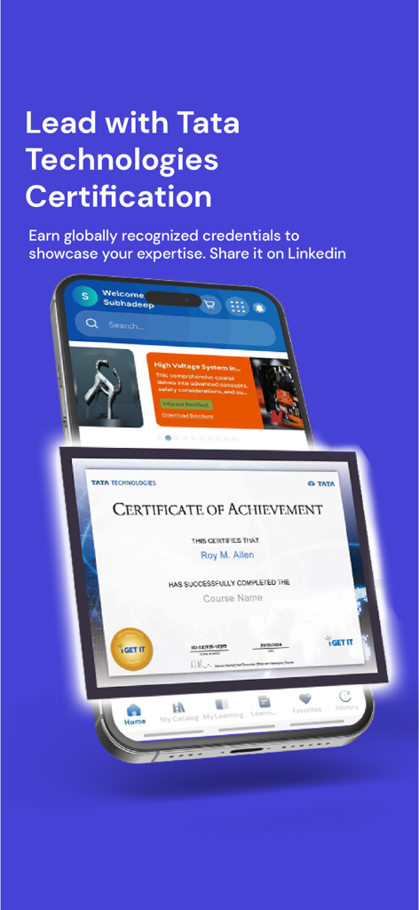 iGETIT - Upskilling Engineers - Tata Technologies Certificate of Achievement displayed on a smartphone screen within the iGETIT app