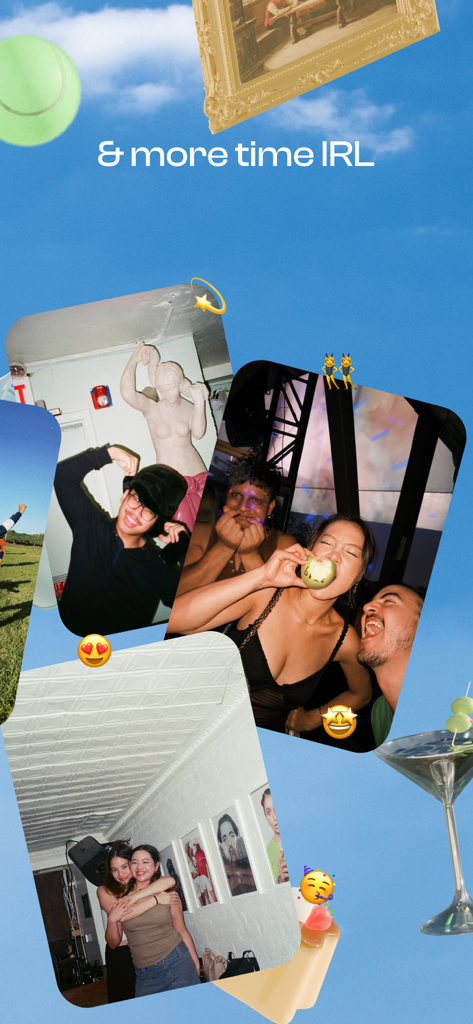 corner: curate & share places - Collage che mostra giovani che socializzano con il testo più tempo IRL