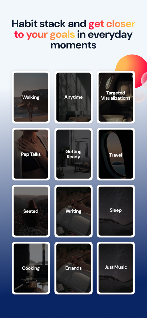 Écran de l'application Activations montrant des catégories de style de vie pour l'empilement de routines, y compris la marche, la préparation et la cuisine