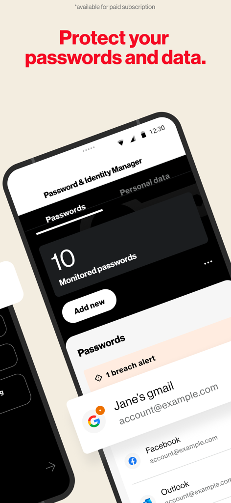 Verizon Protect app showing password and identity manager with breach alerts