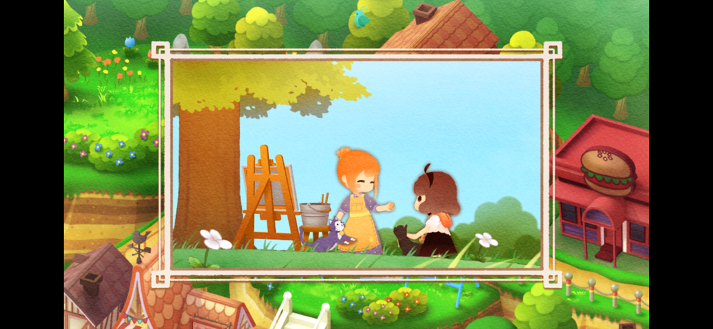 Escape game:Stray Cat Doors 3 - Una ilustración acogedora y colorida de dos personajes y un gato en un paisaje caprichoso de Stray Cat Doors 3.