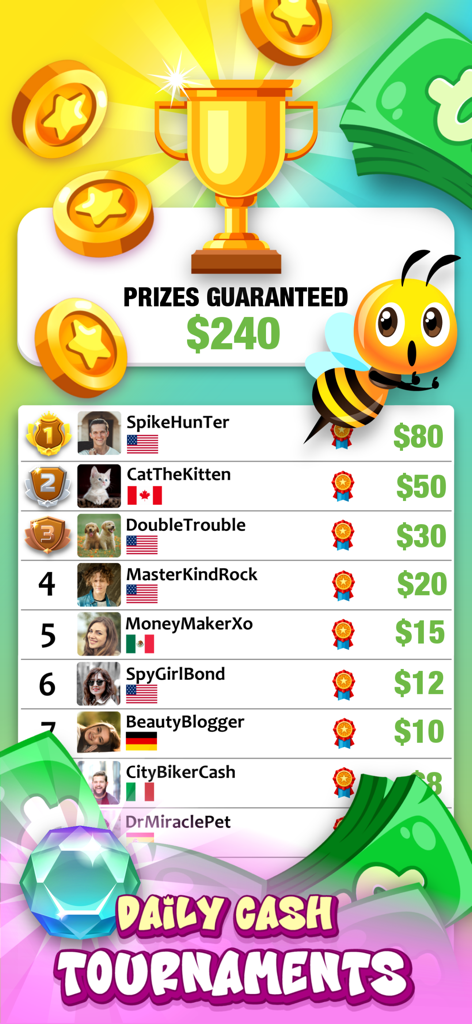 Bingo Honey: Win Real Prizes - Tabla de clasificación de Bingo Honey mostrando premios de torneos de efectivo diarios y clasificaciones de jugadores