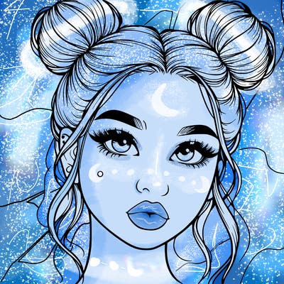 realistic girl with two buns on her hair and lips