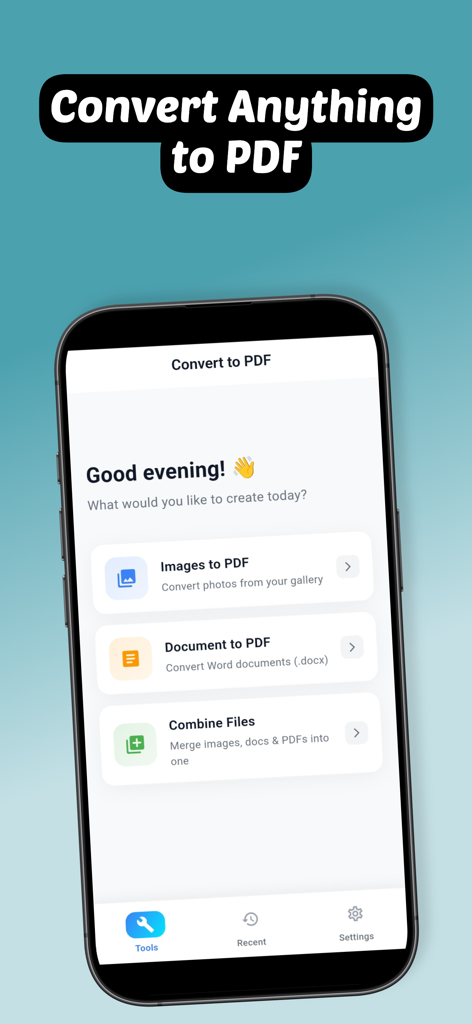 Convert to PDF - Image & Docx - Mobile app interface of Convert to PDF showing options for converting images, Word documents, and merging files.