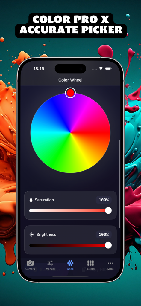Color Pro X Accurate Picker - Interfaz de la aplicación Color Pro X con una rueda de colores profesional con controles de saturación y brillo