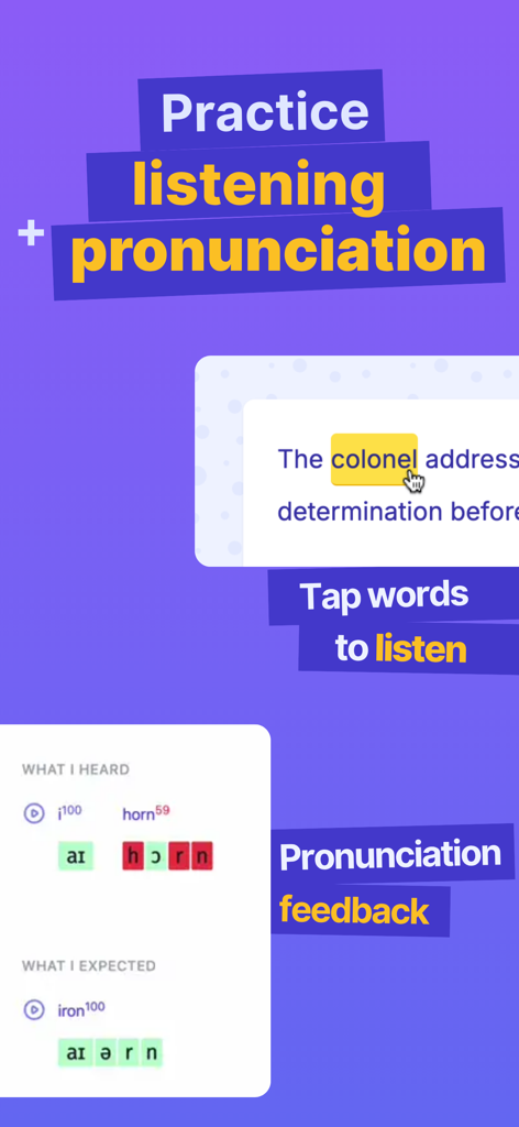 Interfaccia del Tutor AI di Lingue Gliglish per feedback su ascolto e pronuncia