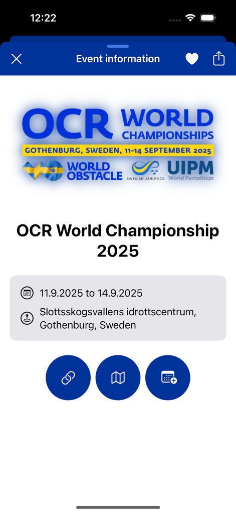 App screen showing event information for the OCR World Championship 2025 in Gothenburg Sweden