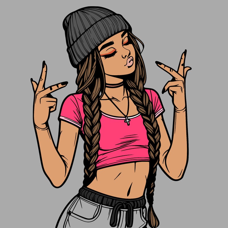 realistic teenage girl with braids and a beanie and crop top doing 🫶🏼