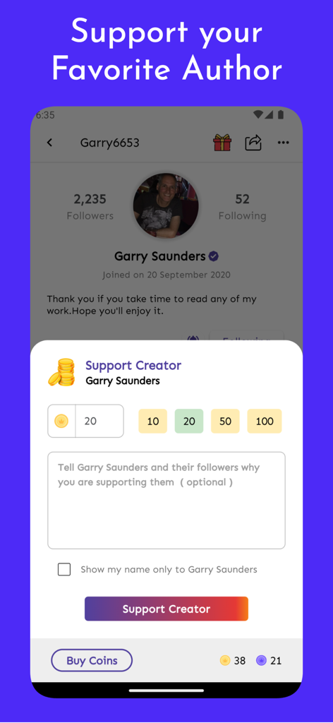 Pantalla de la aplicación Writco que muestra la función Apoyar Creador con opciones para donar monedas y escribir un mensaje.