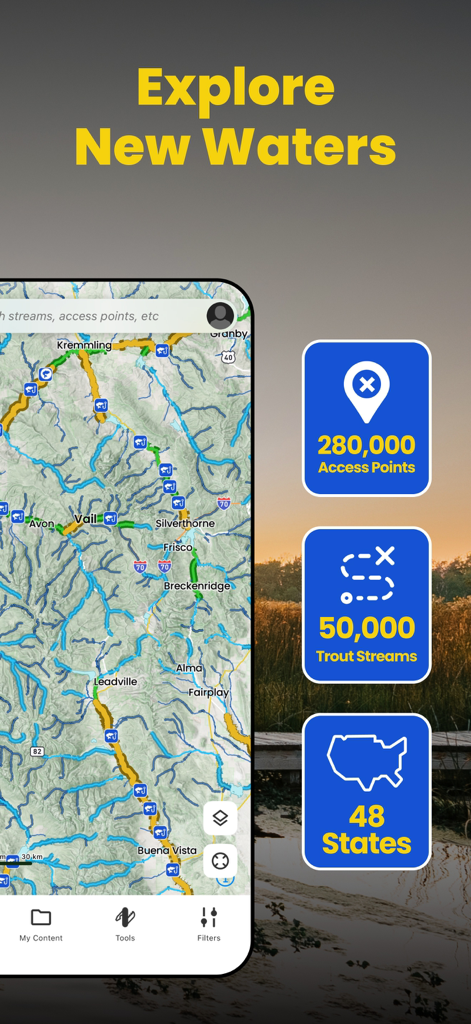 TroutRoutes: Fly Fishing App - TroutRoutes app interface showing trout streams and access points map.