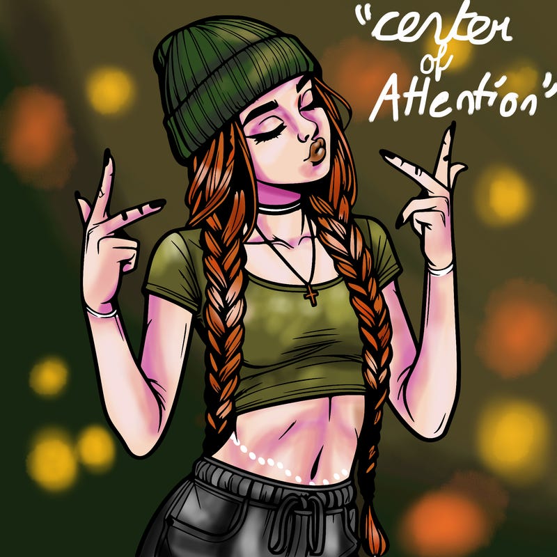 realistic teenage girl with braids and a beanie and crop top doing 🫶🏼