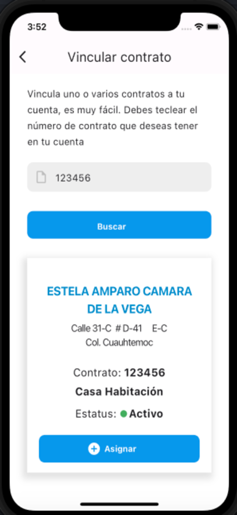 Interface of the SMAPAC CARMEN app to search and link a water utility contract by number