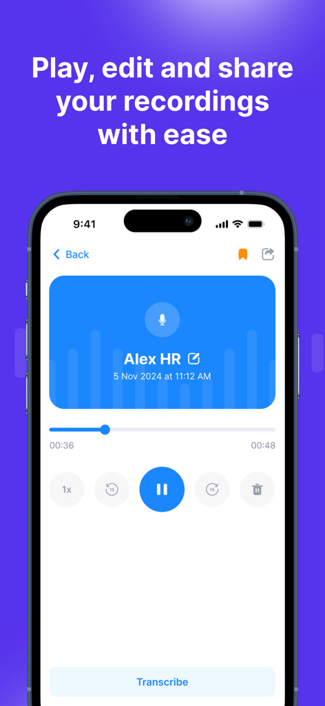 Interfaz de la aplicación Rec-all que muestra controles de reproducción y un botón de transcripción para una llamada grabada.