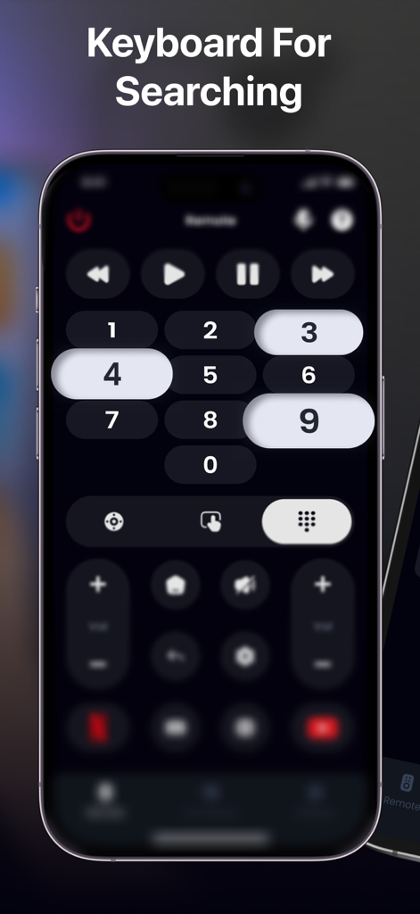 Stick Master mobile app interface showing a numeric keyboard for easy smart TV searching and navigation