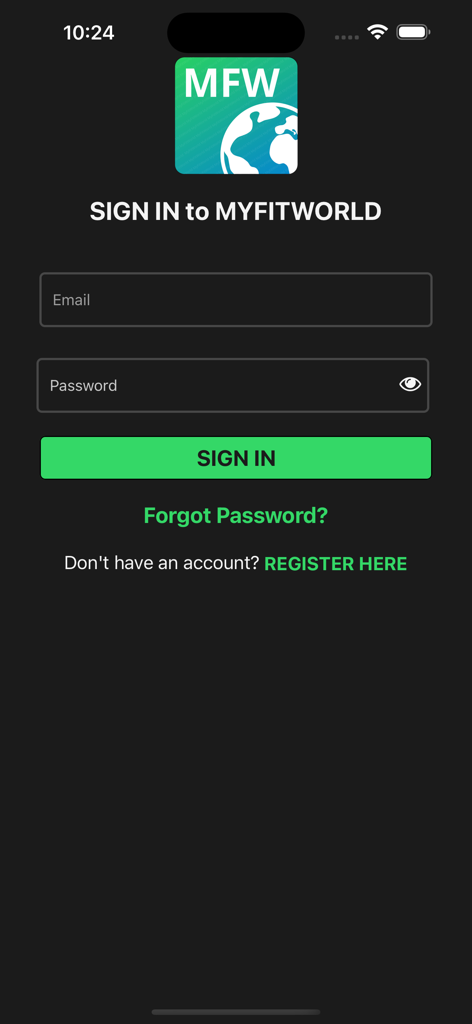 MyFitWorld - MyFitWorld mobile app sign in screen for fitness coaches