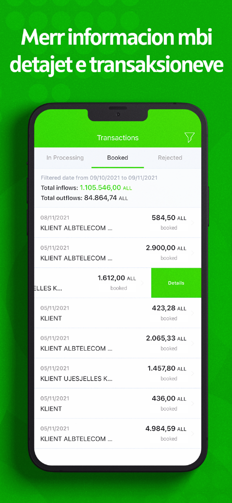 OTP Bank Albania - OTP Bank Albania mobile app screen displaying a list of recent transactions and account activity.
