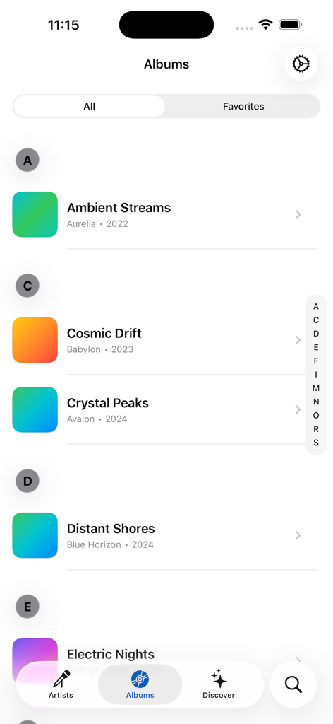 The album library view in the Cadence music player showing an alphabetical list of titles and artists.